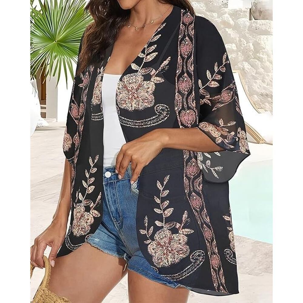 NEW Black Gold Women's 3X Floral Print Kimono Cardigan Loose Cover Up Shirt - Picture 4 of 6